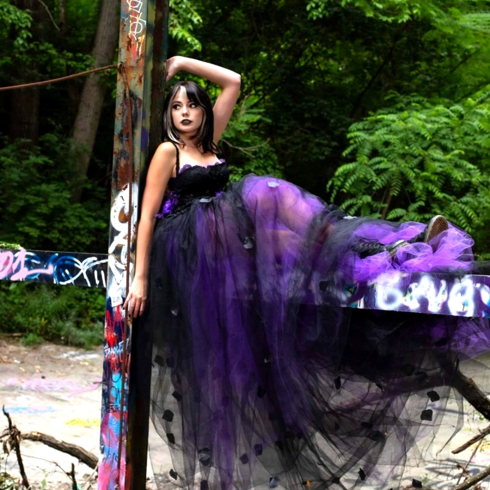 "LADY ANA" Custom Order Black & Purple Rose Petal Tulle Wedding Ballgown Set - Picture 3 of 13